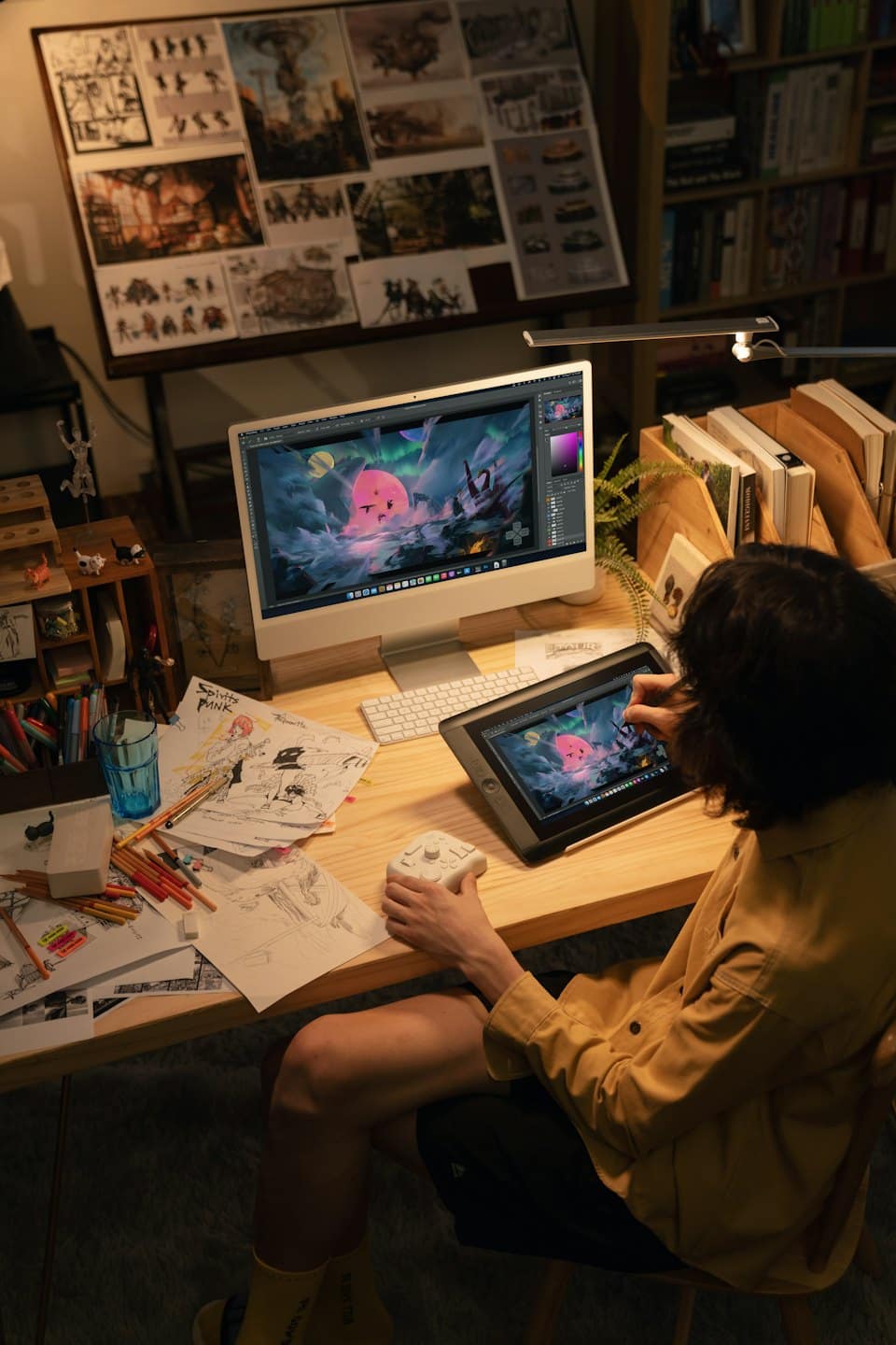 Artista disegna un'illustrazione fantasy su una tavoletta grafica.